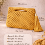 mustard macrame clutch bag handmade with tassel