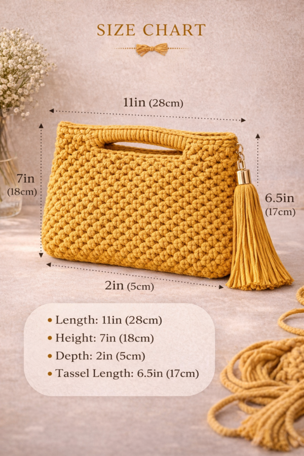 mustard macrame clutch bag handmade with tassel