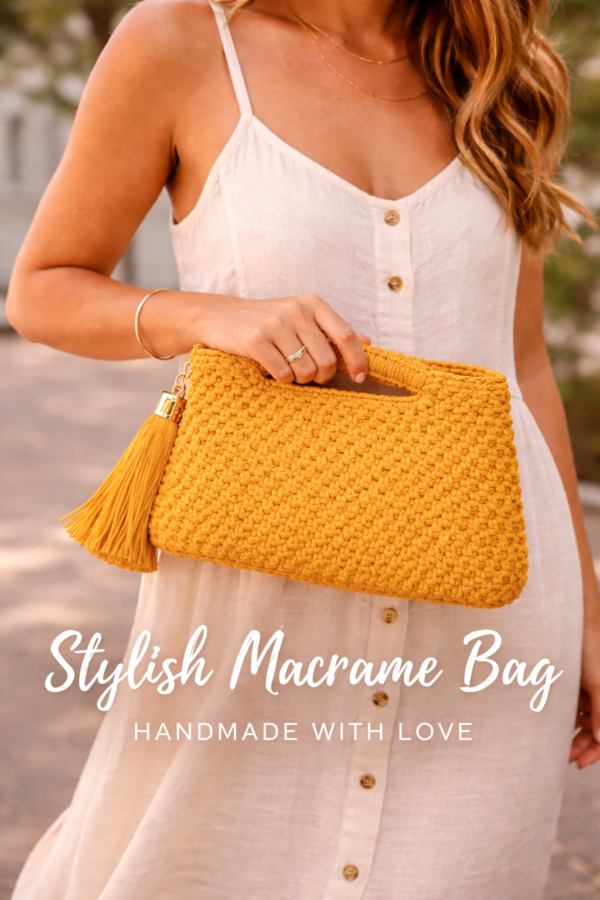 mustard macrame clutch bag handmade with tassel