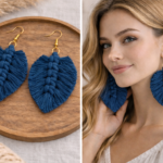 Navy blue macrame feather drop earrings