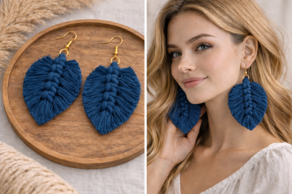 Navy blue macrame feather drop earrings