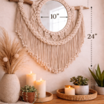 off white beige macrame wall mirror 10" boho decor with long fringe hanging on wooden rod boho home decor