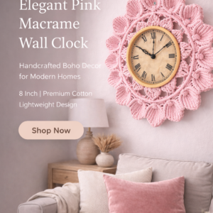 Pink white beige macrame clock with 8 inch gold dial in modern living roo