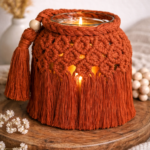 handmade macrame candle holder jar with burning candle