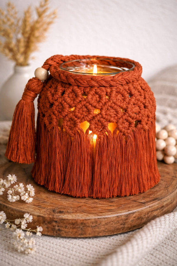 handmade macrame candle holder jar with burning candle