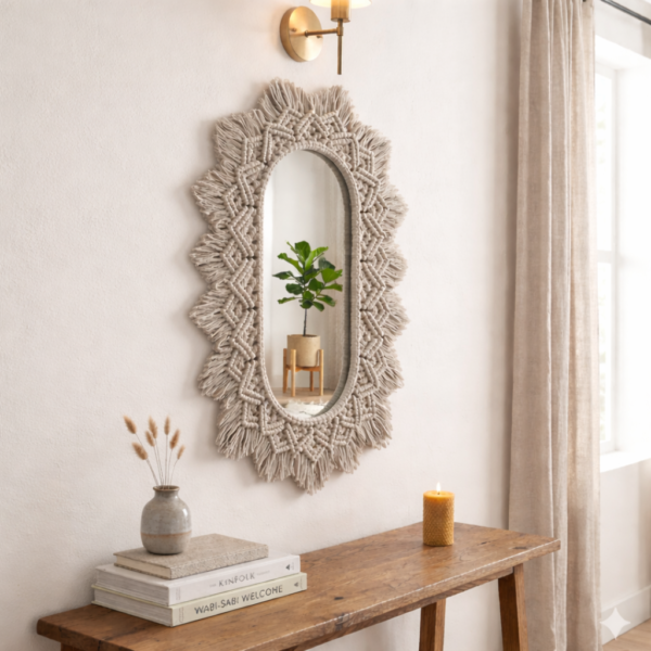 Stone macrame wall mirror handmade boho decor