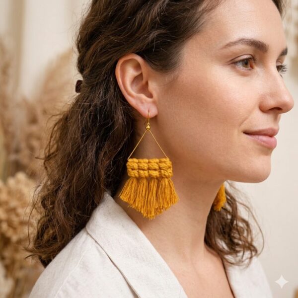 handmade mustared macrame triangle fringe earrings boho jewellery