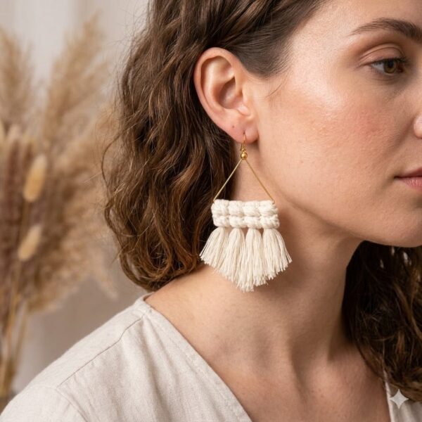 handmade white macrame triangle fringe earrings boho jewellery