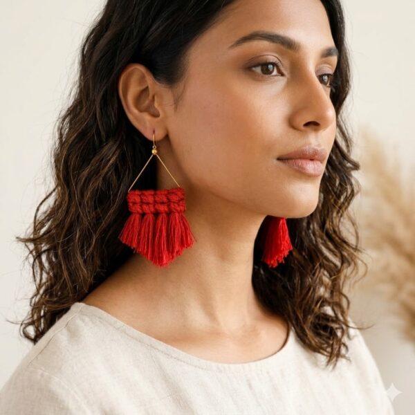 handmade red macrame triangle fringe earrings boho jewellery