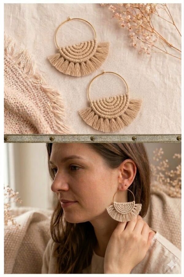 Boho macrame hoop earrings with fringe