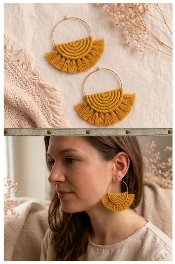 Macrame tassel earrings with gold hoop 💡 Pro SEO Tip for your 4 colors Upload separate images for each color and use alt text like: Red macrame fringe hoop earrings handmade Navy blue macrame hoop tassel earrings Off white macrame fringe hoop earrings Mustard macrame tassel hoop earrings This helps your product rank for more search keywords in Google Images. If you want, I can also give you: ✅ 10 SEO titles that Rank Math scores 95-100 ✅ Pinterest SEO title + description (huge traffic source) ✅ 50 high-traffic keywords for macrame jewelry ✅ Product schema markup for Rank Math These will help your handmade jewelry website rank much faster.