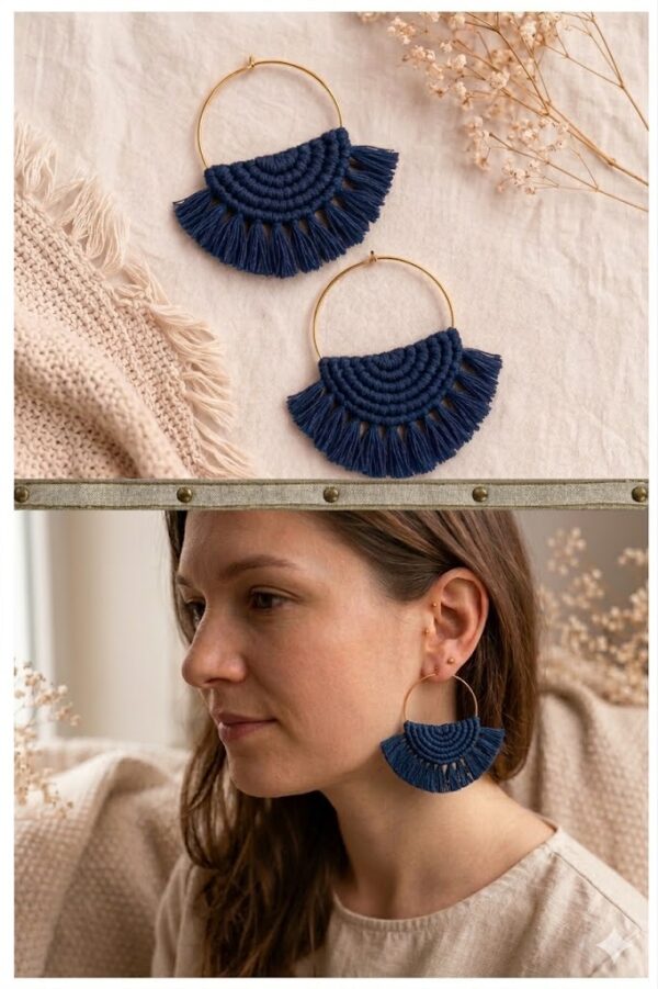Handmade macrame fringe hoop earrings