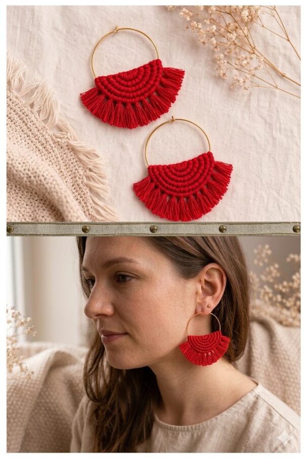 Red macrame tassel hoop earrings