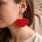 Handmade macrame fringe hoop earrings with red tassels and gold hoop