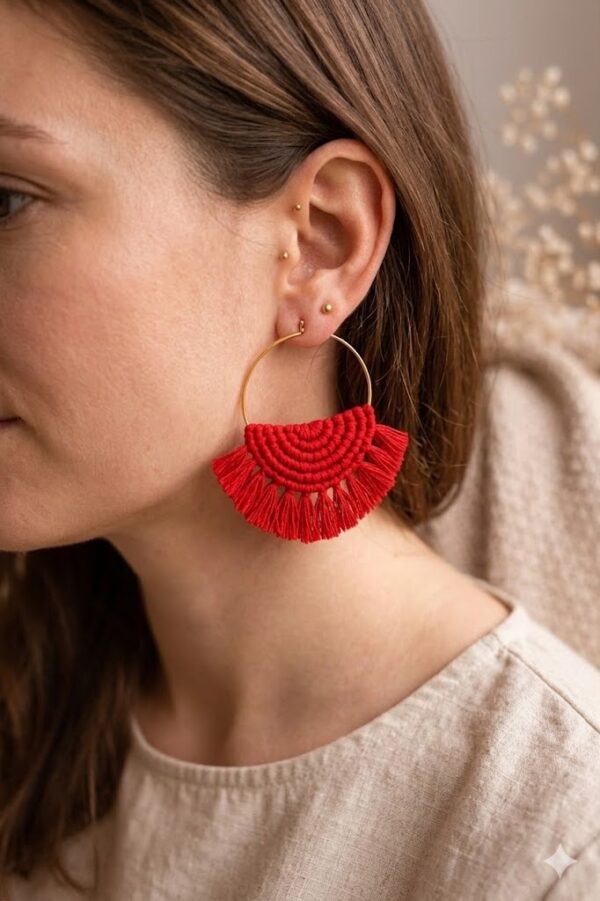 Handmade macrame fringe hoop earrings with red tassels and gold hoop