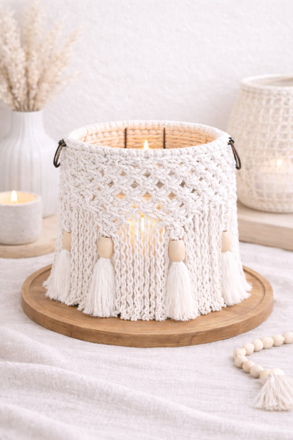 white macrame jar candle holder