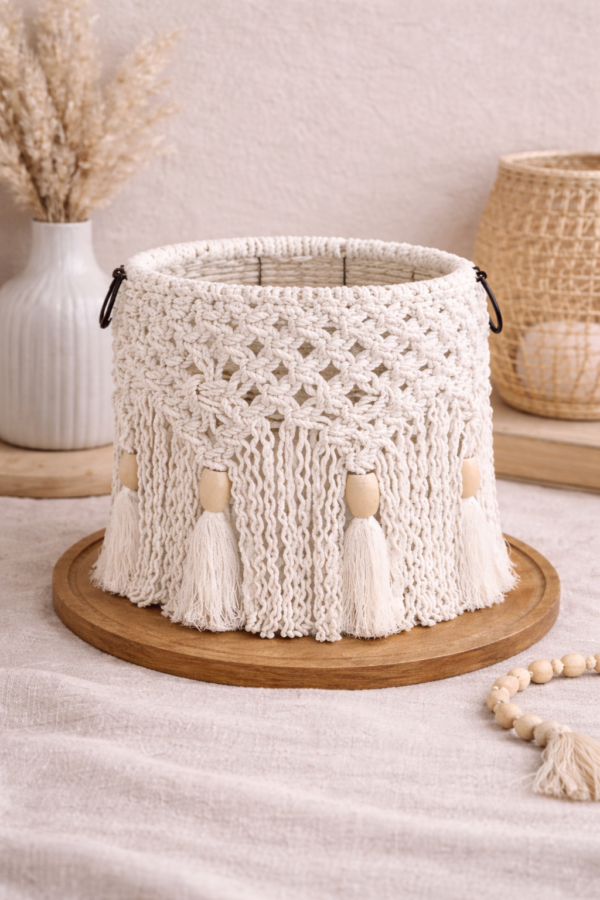 white macrame jar candle holder
