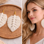 White macrame feather handmade earrings