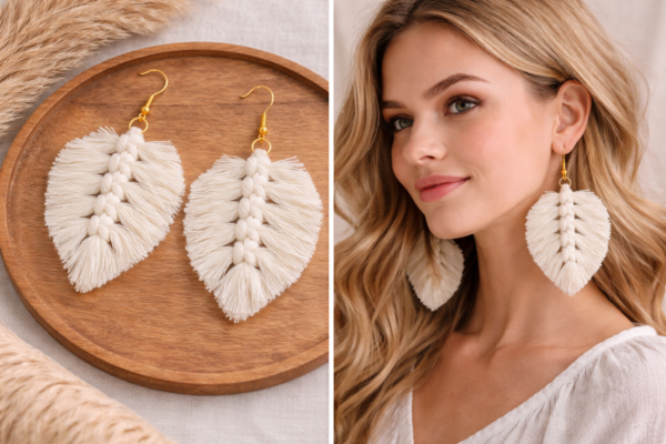 White macrame feather handmade earrings