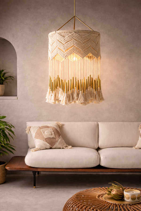 Handwoven cotton ceiling lamp with tassel design