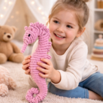 Handmade macrame seahorse toy in pastel pink color