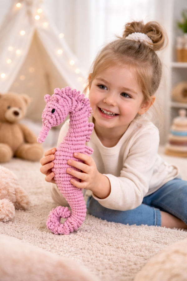 Handmade macrame seahorse toy in pastel pink color