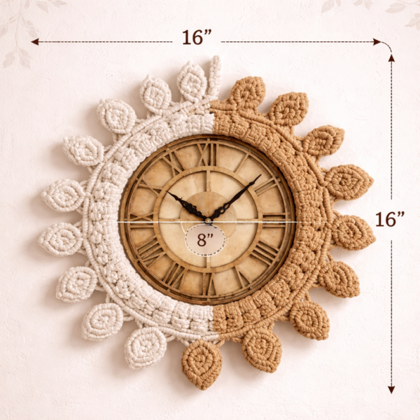 sunburst macrame wall clock beige off white 16x16