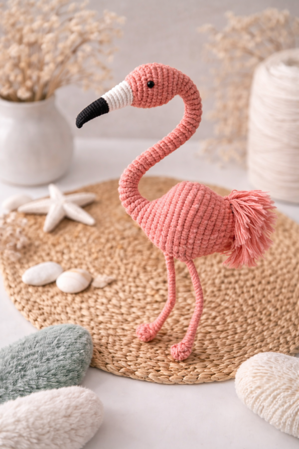 handmade macrame flamingo toy in coral pink color