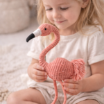 handmade macrame flamingo toy in coral pink color