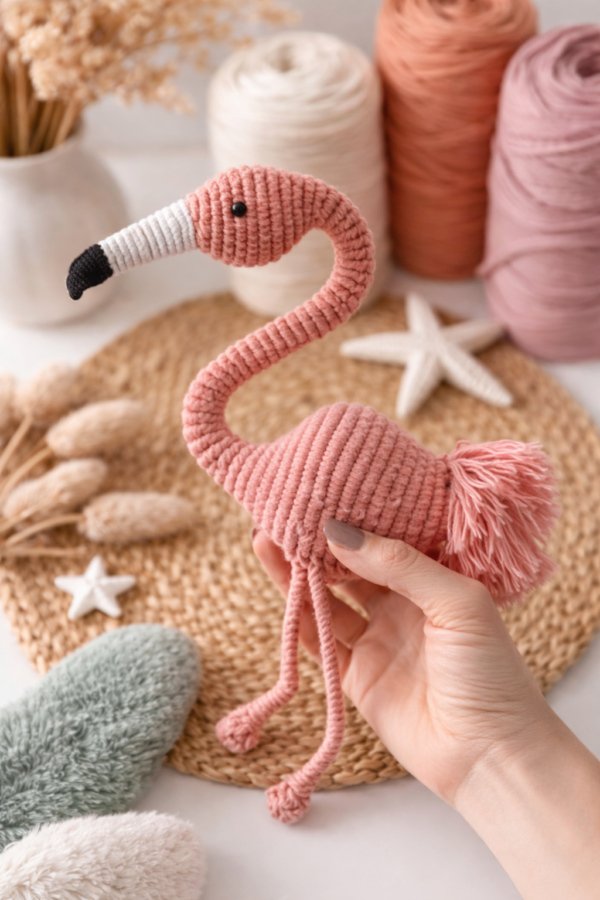 handmade macrame flamingo toy in coral pink color