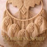 Handmade beige white macrame dream catcher catcher wall hanging with tassels in boho home decor setting