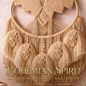 Handmade beige white macrame dream catcher catcher wall hanging with tassels in boho home decor setting