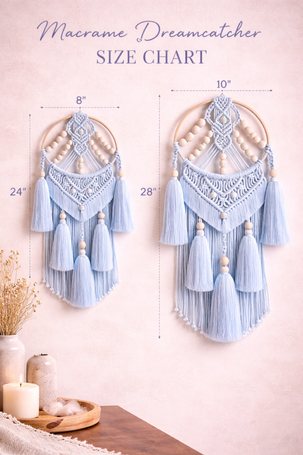Handmade blue macrame dream catcher wall hanging with wooden beads and tassels in boho style home decor setting