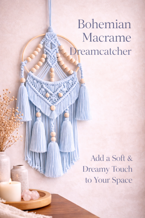 macrame dream catcher wall hanging with wooden beads and tassels in boho style home decor setting