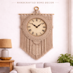 Handmade boho macrame wall clock 8 inch in mustard beige and stone color hanging above sofa