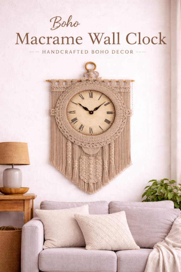 Handmade boho macrame wall clock 8 inch in mustard beige and stone color hanging above sofa