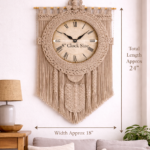 Handmade boho macrame wall clock 8 inch in mustard beige and stone color hanging above sofa