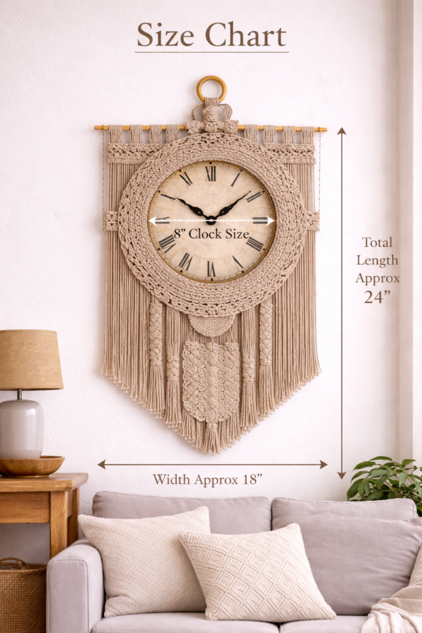 Handmade boho macrame wall clock 8 inch in mustard beige and stone color hanging above sofa
