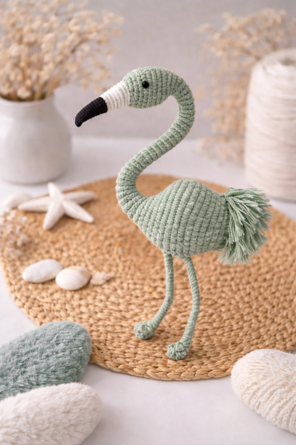 sage green handmade macrame flamingo toy