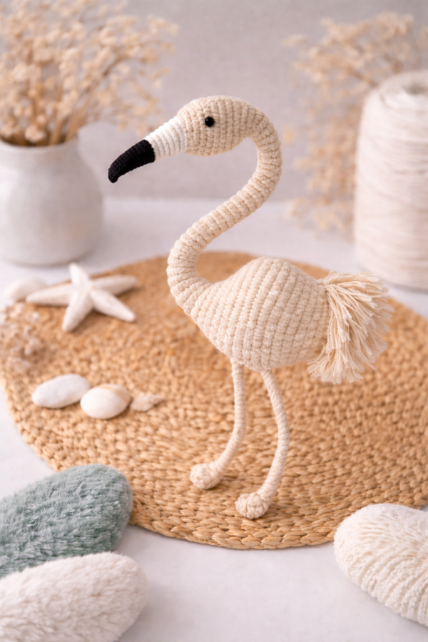 beige handmade macrame flamingo toy