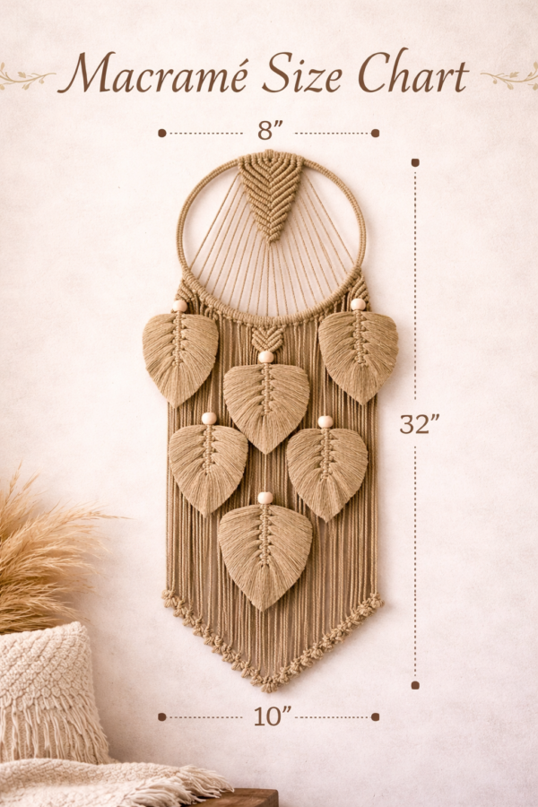 Handmade green and beige macrame dream catcher with leaf design and tassels in boho home decor setting