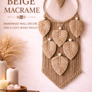 Handmade green-beige macrame dream catcher with leaf design and tassels in boho home decor setting