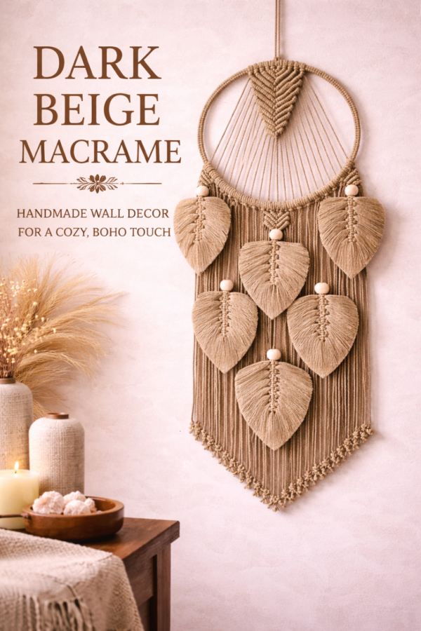 Handmade green-beige macrame dream catcher with leaf design and tassels in boho home decor setting