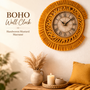 handmade wall clock decor-mustard-grey-beige handwoven 8 inch