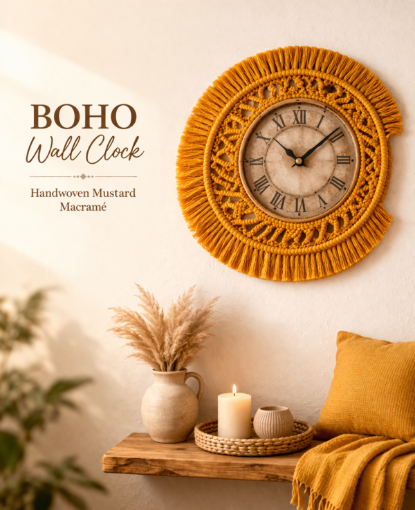 handmade wall clock decor-mustard-grey-beige handwoven 8 inch