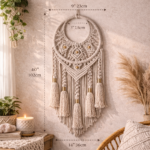 Handmade macrame dream catcher wall hanging in stone color