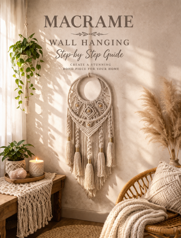 Handmade macrame dream catcher wall hanging in stone color