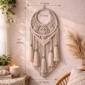 Handmade macrame dream catcher wall hanging in stone color