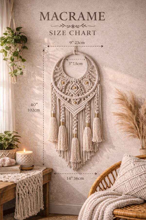 Handmade macrame dream catcher wall hanging in stone color