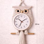 handmade macrame owl wall clock 8 inch boho decor off white stone mustard color